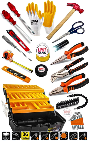 Lüks Combo Seri 36Pcs Full Takım PenseYankeski,Tornavida Set,3 Metre ,Çekiç,Eldiven Combo Seti Takım - 2