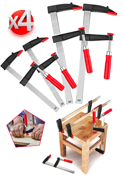 Premium Kalite 400,300,200,150mm F Tipi Ahşap Çelik Mobilyacı Mengene Kıskaç Işkence 4 Set ürün görseli