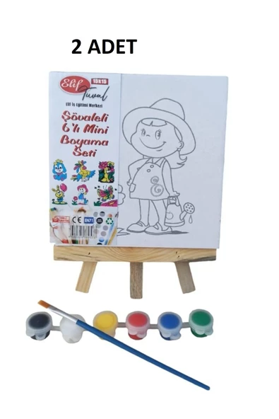 Şövaleli 6'lı Mini Boyama Tuval (15x15cm) Seti 6 Renk Akrilik Boya ve Fırça Seti - 2 Adet SET