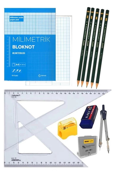 Milimetrik Teknik Çizim Seti 12 Parça 1 Paket Mavi Milimetrik Çizim Defteri Gönye Dereceli Kalem Metal Pergel Silgi Kalemtraş