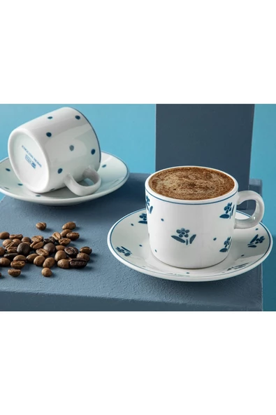 English Home Flower Touch Porselen 2'li Kahve Fincan Takımı 80 Ml Lacivert - 2