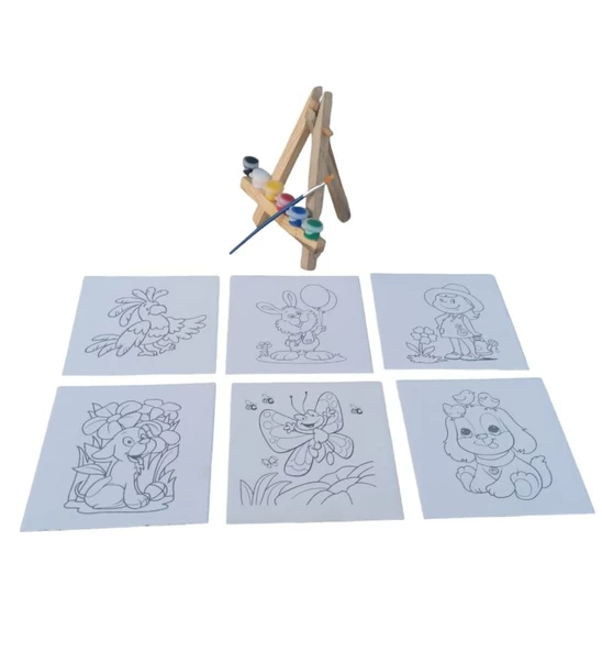 Şövaleli 6'lı Mini Boyama Tuval (15x15cm) Seti 6 Renk Akrilik Boya ve Fırça Seti 3 ADET SET - 6