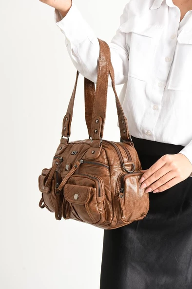 Y.S.Deri Kadın Omuz Çantası Vegan Deri Çok Cepli Çapraz Askılı Bayan Çantası 30*20 Cm - Resim 11