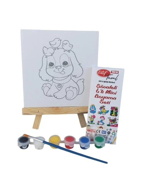 Şövaleli 6'lı Mini Boyama Tuval (15x15cm) Seti 6 Renk Akrilik Boya ve Fırça Seti 3 ADET SET - 3