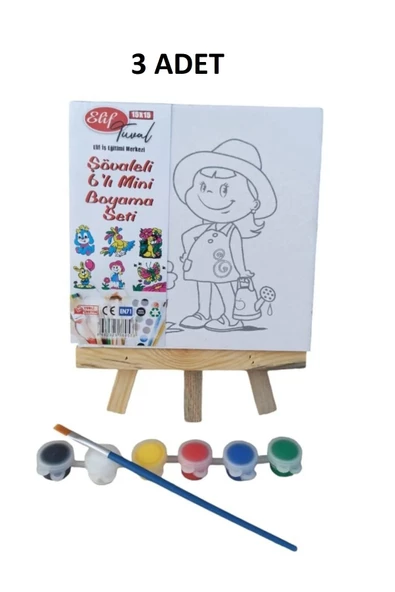 Şövaleli 6'lı Mini Boyama Tuval (15x15cm) Seti 6 Renk Akrilik Boya ve Fırça Seti 3 ADET SET