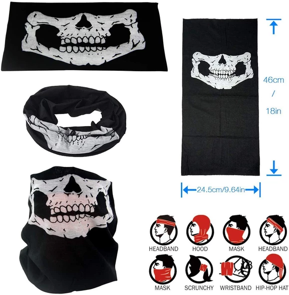 Siyah Renk Dikişsiz Çok Fonksiyonlu Çene Kafatası Yüz Maskesi Baf Buff Bandana Boyunluk Bileklik - 3