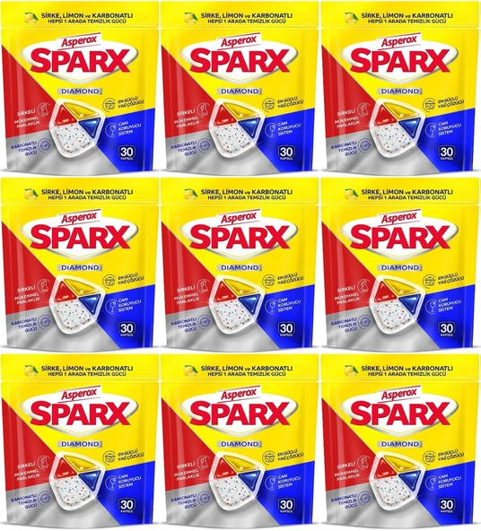 Asperox Sparx Bulaşık Makinesi Kapsülü 270 Adet Hepsi 1 Arada (Sirke-Limon-Karbonatlı) (9PK*30)