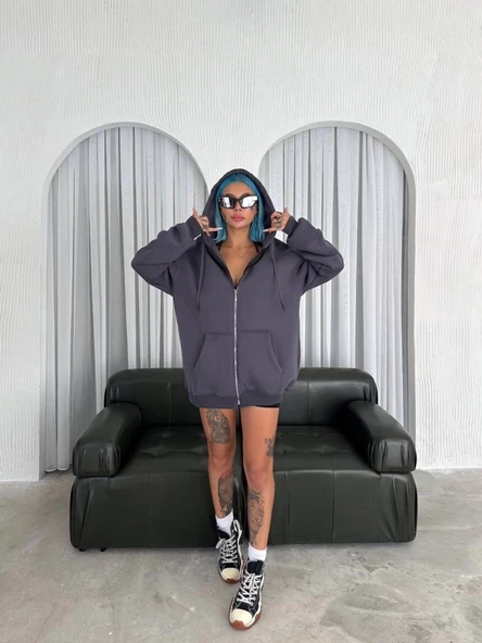 Oversize Tam Fermuarlı Uzun Kol Hırka - Füme - 3