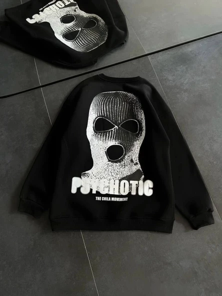 Kışlık Bisiklet Yaka Baskılı SweatShirt - Siyah