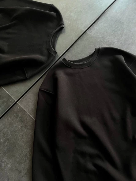 Kışlık Bisiklet Yaka Üç İplik Basic SweatShirt - Siyah - 3