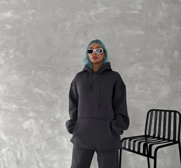 Kapşonlu Üç İplik Penye Basic SweatShirt - Füme - 2