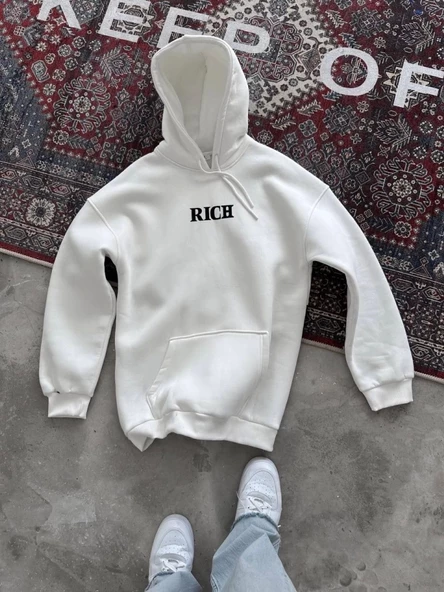 Uzun Kol Kapşonlu Göğüs Baskılı SweatShirt - Beyaz - 2