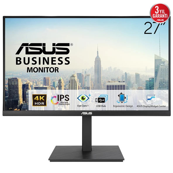 ASUS VA27UQSB 27 IPS FREESYNC 3840x2160 5ms 350cd DP HDMI USB Hoparlör VESA 3YIL EYECARE PLUS FLICKER-FREE ÇERÇEVESIZ DÜSÜK MAVI ISIK PIVOT MONITÖR