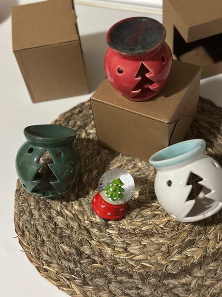 Yılbaşı Özel Çam Seramik Buhurdanlık/mumluk (3 Adet)-Mini Kar Küresi (1 Adet) - 3