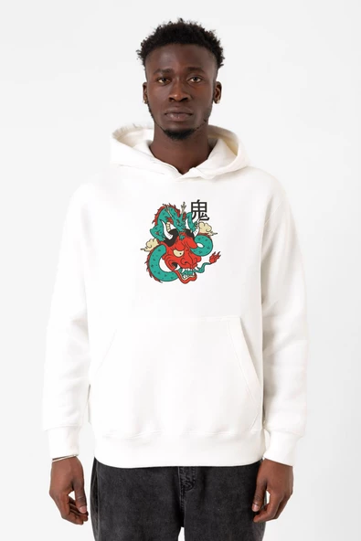 Dragon Samurai Anime Beyaz Erkek 3ip Kapşonlu Sweatshirt