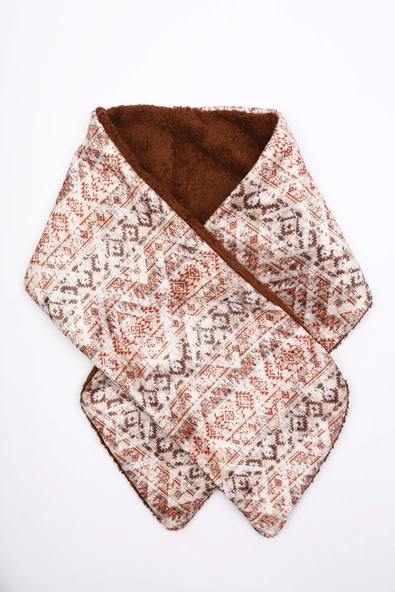 Kadın Atkı Boyunluk Düğmeli Peluş Kadife Ikat Kahve - 2