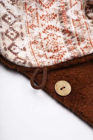 Kadın Atkı Boyunluk Düğmeli Peluş Kadife Ikat Kahve - 4