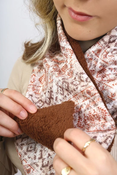 Kadın Atkı Boyunluk Düğmeli Peluş Kadife Ikat Kahve - 3
