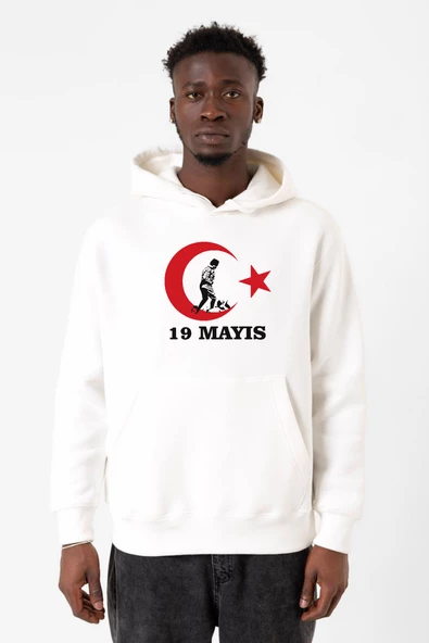 19 Mayıs Ata Beyaz Erkek 3ip Kapşonlu Sweatshirt