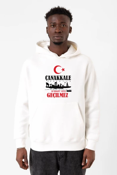 18 Mart Çanakkale Geçilmez Beyaz Erkek 3ip Kapşonlu Sweatshirt
