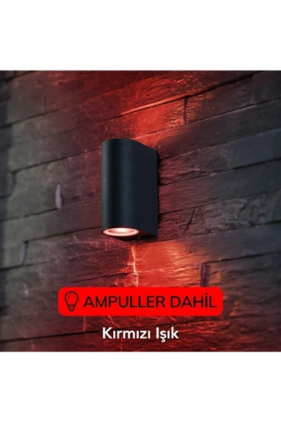 fullreyon Kırmızı Işık Ledli Siyah Kasa Çift Yönlü Dekoratif Iç Ve Dış Mekan Duvar Apliği