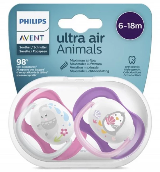 Philips Avent Yalancı Emzik Ultra Air Kız Animals | 6-18 Ay, 2 Adet, SCF08008