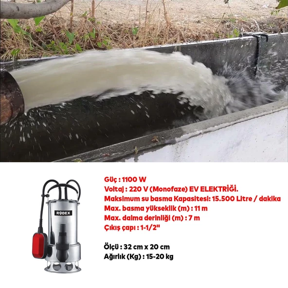 Temiz Kirli Su Pompası Alüminyum Gövdeli 1100 W Elektirikli Dalgıç Atık Logar Lağım Boşaltma Sulama - Resim 2