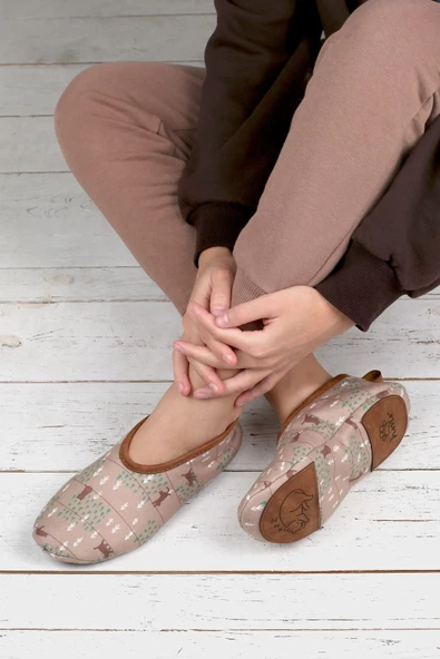 Kışlık Kaymaz Deri Taban Ev Patiği Ptk-kw Sütlü Kahve Baskılı - 3