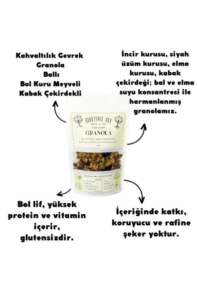 GURUYEMİŞ BOX Granola Kahvaltılık Gevrek Bol Kuru Meyveli Kabak Çekirdekli Bal Incir Üzüm Elma Kurusu Vegan 100gr