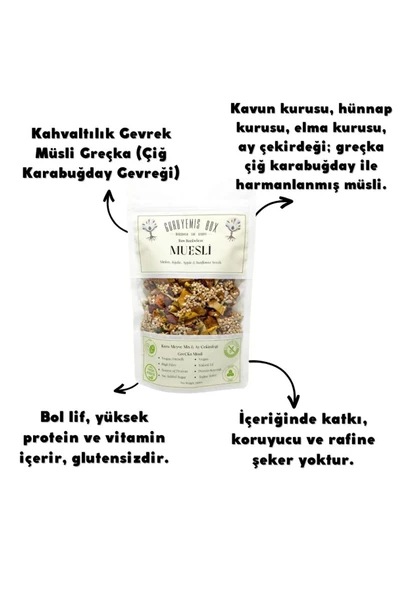 GURUYEMİŞ BOX Müsli Greçka Çiğ Karabuğday Kahvaltılık Gevrek Kuru Meyveli Ay Çekirdekli Kavun Hünnap Elma 240gr