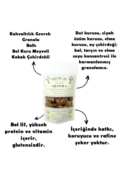 GURUYEMİŞ BOX Granola Kahvaltılık Gevrek Kuru Meyveli Ay Çekirdekli Dut Üzüm Elma Ve Bal Tarçın Glutensiz 100gr