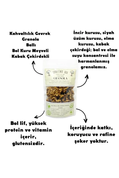 GURUYEMİŞ BOX Granola Kahvaltılık Gevrek Bol Bal Kuru Meyveli Kabak Çekirdekli Incir Üzüm & Elma Şekersiz 240gr