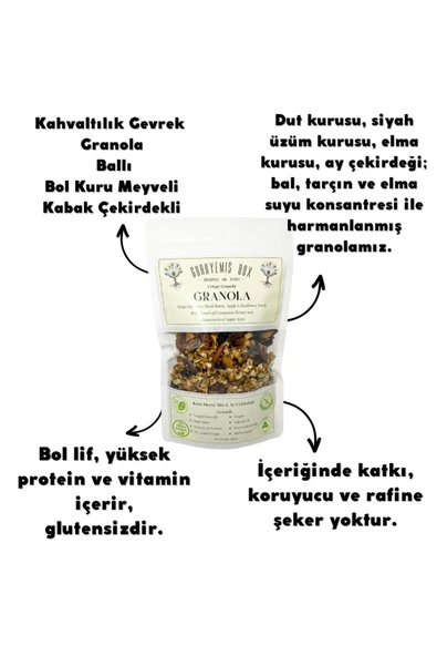 GURUYEMİŞ BOX Granola Kahvaltılık Gevrek Bol Kuru Meyveli Ayçekirdekli Dut Üzüm Elma Ve Bal Tarçın Vegan 240gr