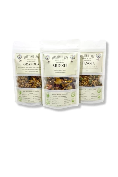 GURUYEMİŞ BOX Granola Ve Müsli 3li Set Bol Kuru Meyveli Ve Çekirdekli Vegan Şekersiz Lif Kaynağı 100gr 3 Adet