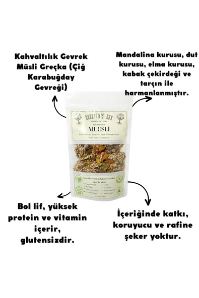 GURUYEMİŞ BOX Müsli Kahvaltılık Gevrek Greçka Karabuğday Kuru Meyveli Kabak Çekirdekli Mandalina Dut Elma 240gr