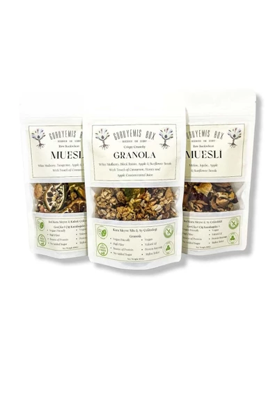 GURUYEMİŞ BOX Granola Ve Müsli 3li Set Bol Kuru Meyveli Ve Çekirdekli Vegan Şekersiz Protein Kaynağı 100gr 3 Adet