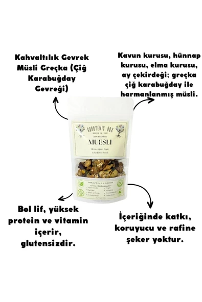 GURUYEMİŞ BOX Müsli Kahvaltılık Gevrek Greçka Çiğ Karabuğday Bol Kuru Meyveli Ay Çekirdekli Glutensiz Vegan 100gr