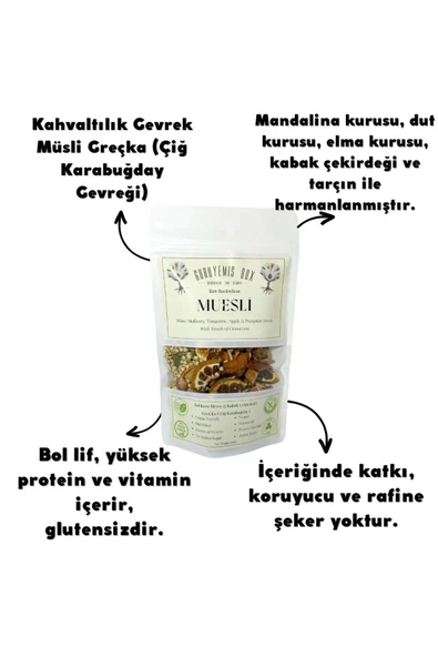 GURUYEMİŞ BOX Müsli Greçka Kahvaltılık Gevrek Çiğ Karabuğday Bol Kuru Meyveli Kabak Çekirdekli