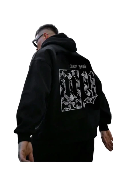 Erkek Sırt NY Baskılı Kapüşonlu Sweatshirt - 5