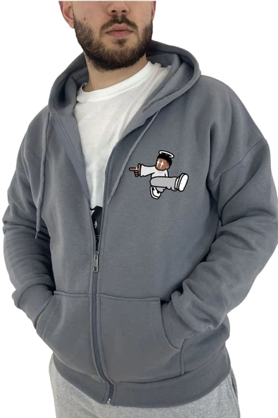 Unisex Gri Karikatür Baskılı Mevsimlik Oversize Kapüşonlu Hırka - 4