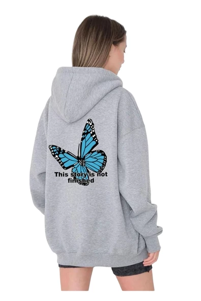 Unisex Siyah Kelebek Sırt Baskılı Ince Mevsimlik Kapşonlu Oversize Hırka - 2