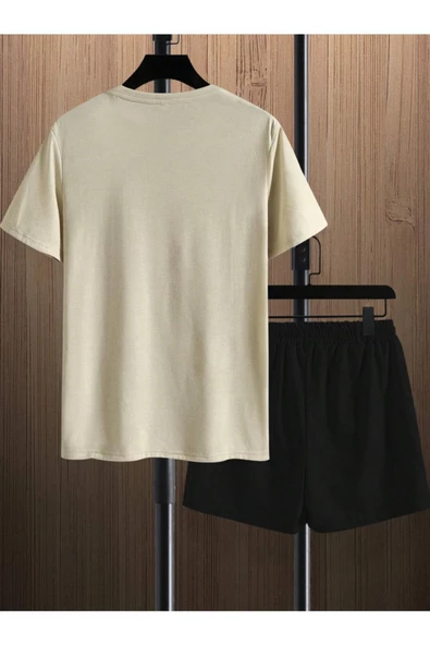 Erkek Bej New York Baskılı Şort T-shirt Takım - 2