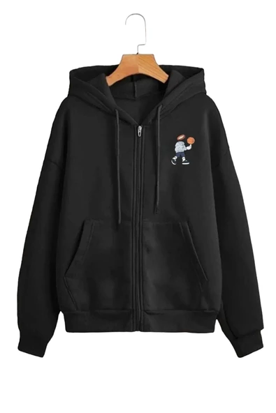 Unisex Gri Karikatür Baskılı Mevsimlik Oversize Kapüşonlu Hırka - 2