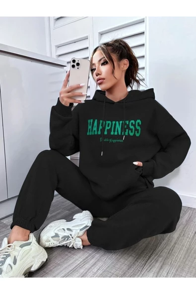 Kadın Happiness Baskılı Oversize Kapüşonlu Takım - 2