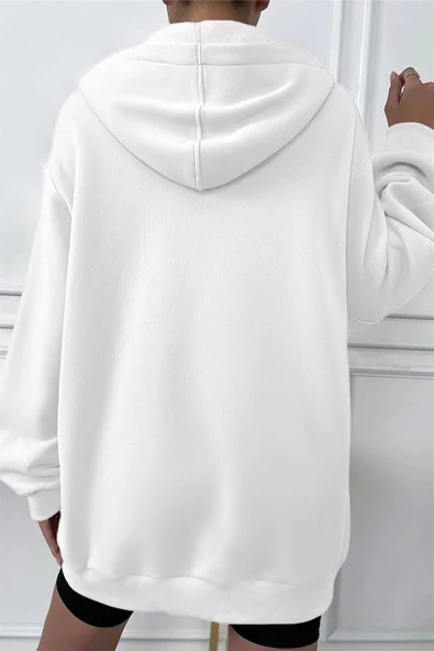 Kadın Beyaz Oversize Kapşonlu Hırka - 3
