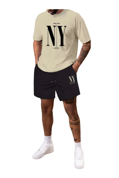 Erkek Bej New York Baskılı Şort T-shirt Takım