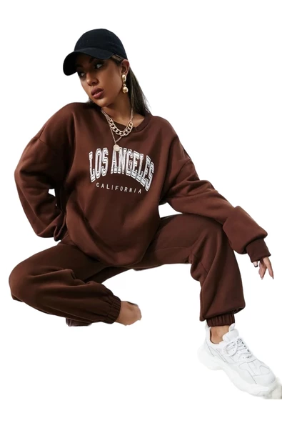 Kadın Los Angeles Baskılı Oversize Bisiklet Yaka Takım - 2