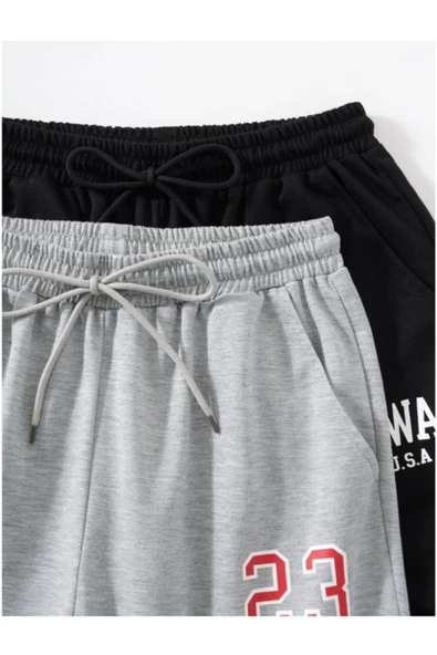 Kadın Siyah-Gri 2li Baskılı Eşofman Altı - 4