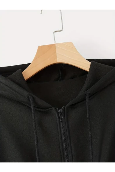 Kadın Fermuarlı Oversize Kapşonlu Crop Hırka - 11