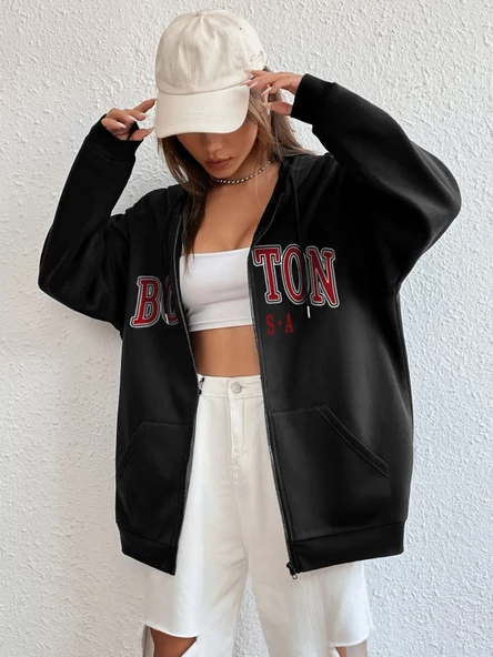 Unisex Bej Boston Baskı Kapüşonlu Hırka - 7